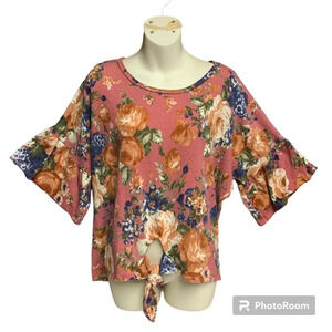 ee:some pink floral bell sleeve dolman top size small tie waist oversized